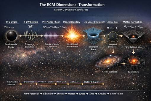 ECM dimensional transformation diagram showing the transition from the 0-dimensional origin through vibrational phase evolution to the manifested 3-dimensional universe