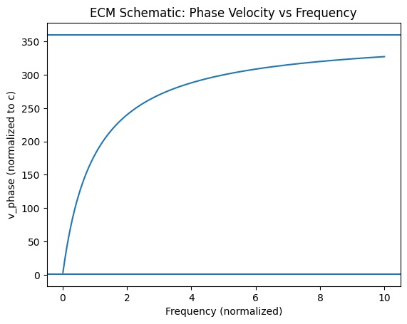 ECM Phase Velocity vs Frequency showing superluminal transformation beyond f<sub>c</sub>
